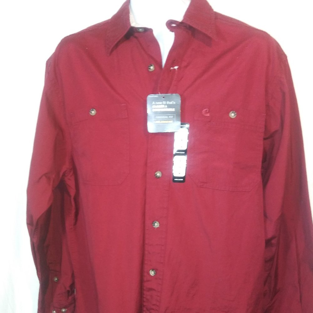 Carhartt Men's Button Down Canvas Work Shirt Jacket Maroon Red L Cotton Shacket